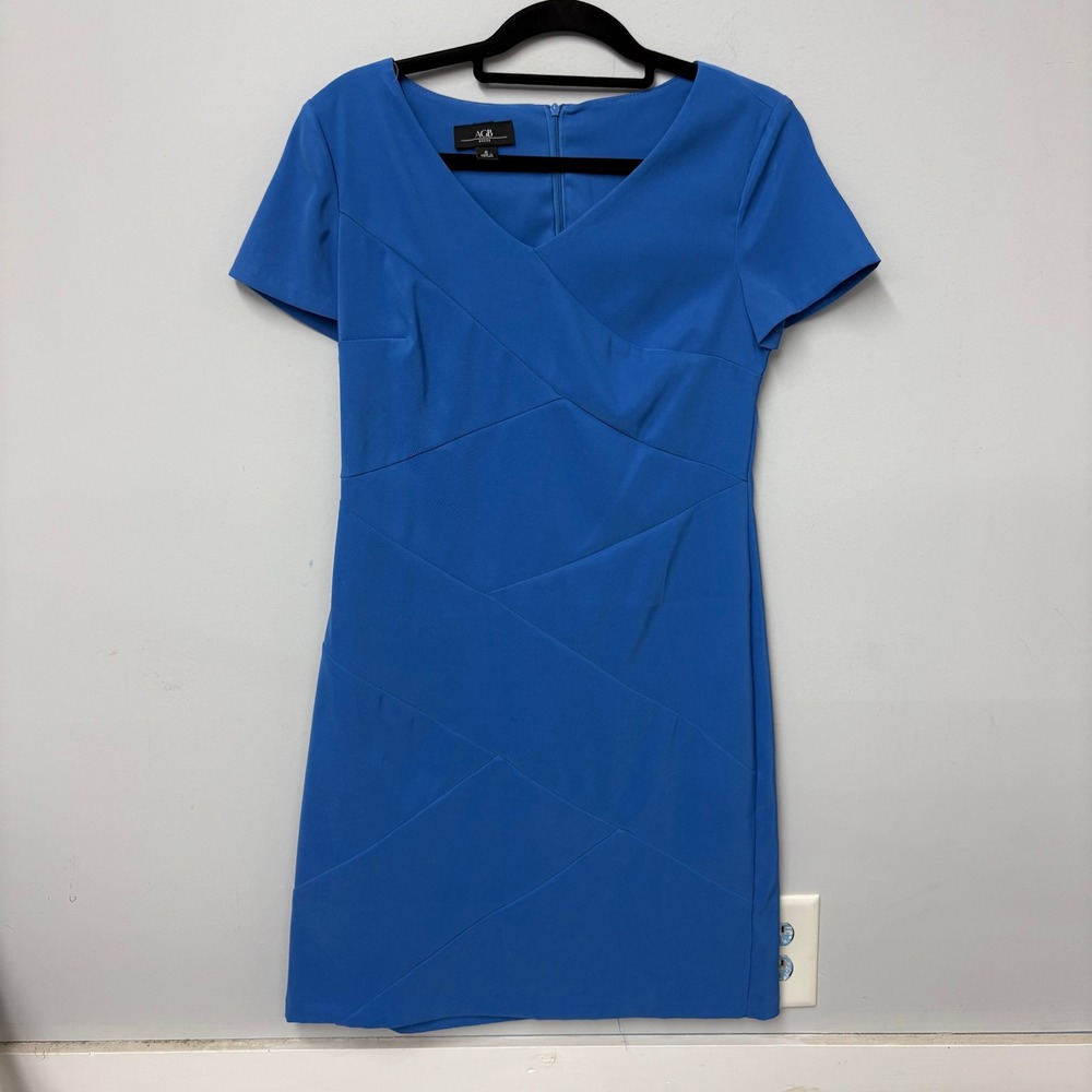 AGB Dress Womens 6 Royal Blue Sheath‎ Bodycon Short Sleeve Geometric V-Neck